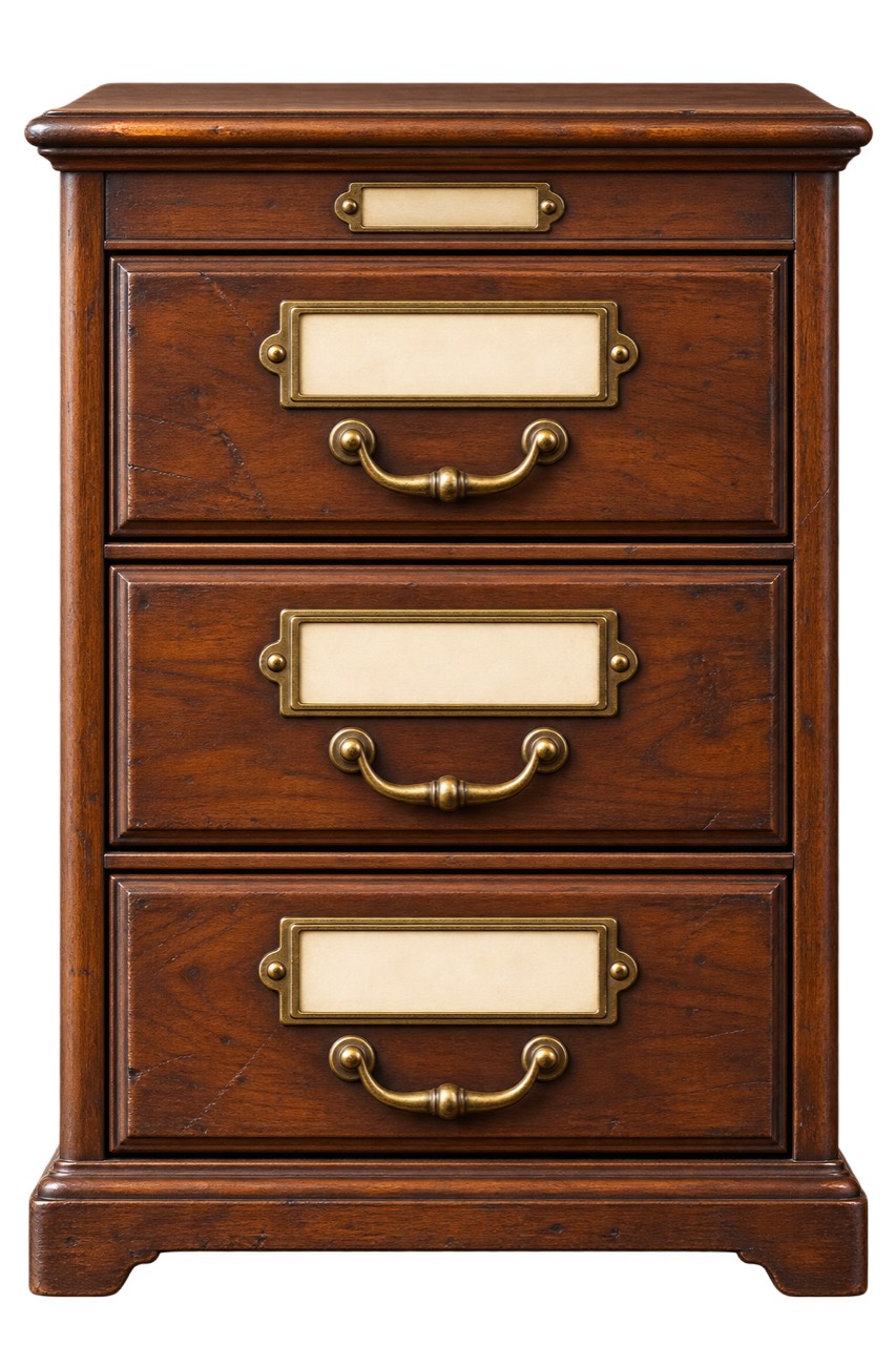 An old wooden filing cabinet with three drawers, brass handles, and cream labels.