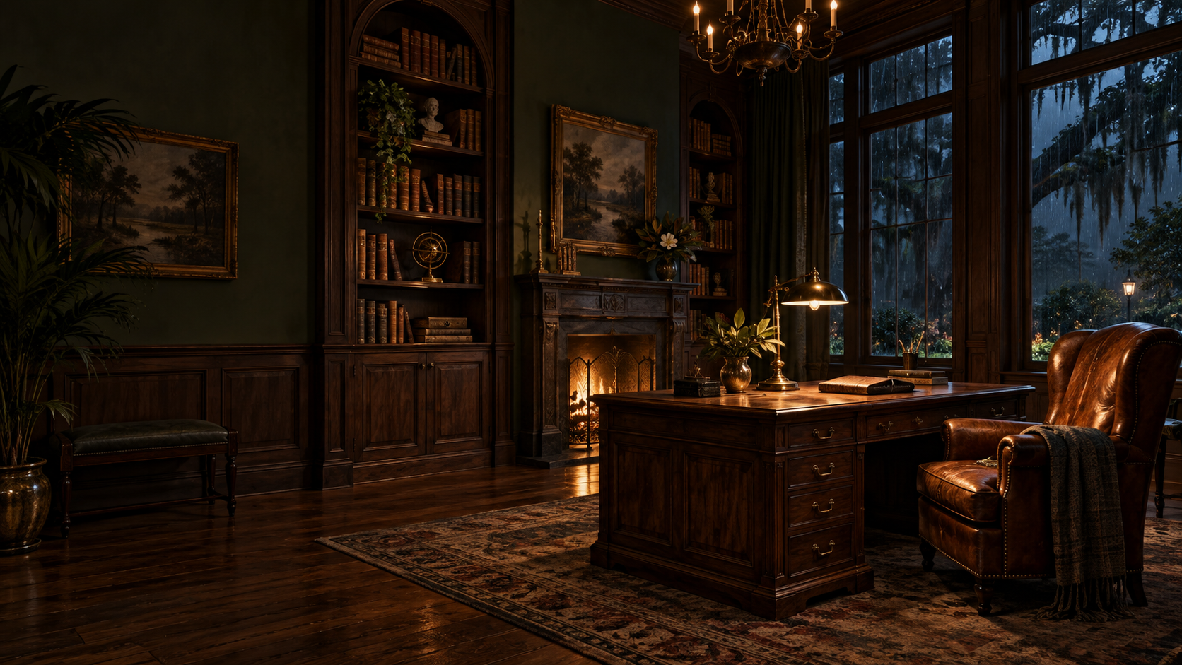 The Study, with a brass lamp lighting an open folio