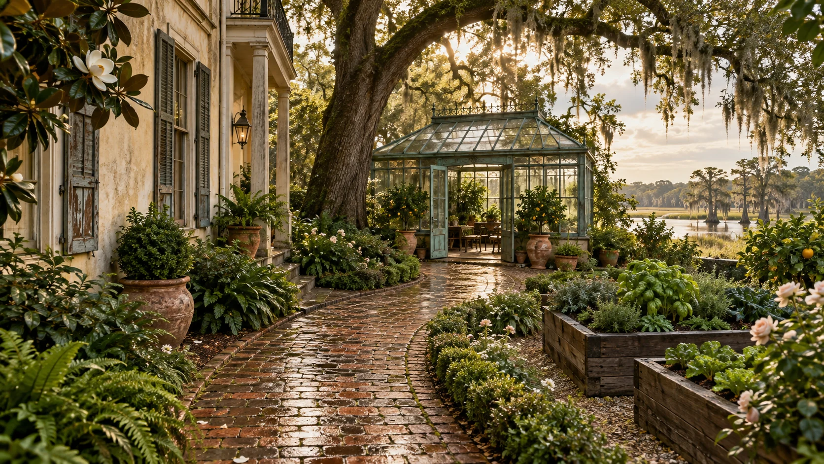 A sunlit garden path beside the Mansion